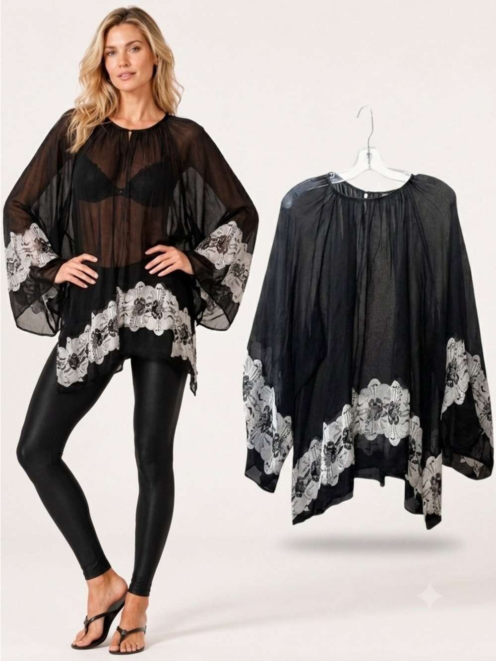 THOMAS WYLDE 100% Silk Sheer Floral Boho Tunic Blouse Oversized Flowy Black Top